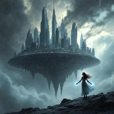 The primary subject of the image is a woman standing on a rocky surface, with a futuristic city in the background. The setting appears to be a cloudy sky, and the visual style is a digital art or illustration. The dominant colors in the image are dark and moody, creating a dramatic atmosphere.